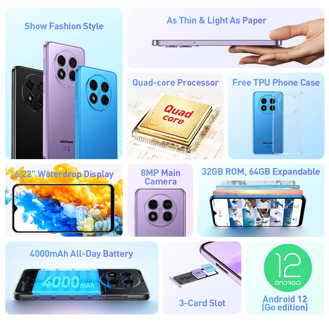 Ulefone Note 15 3G Smartphone ohne Vertrag, 3-Karten-Steckplatz, Quad Core 5GB+32GB, DUAL-SIM Android 12 Handy, 6,22'' HD+, 8MP+5MP Kamera, 4000mAh Akku, Gesichts Entsperrung GPS Schwarz