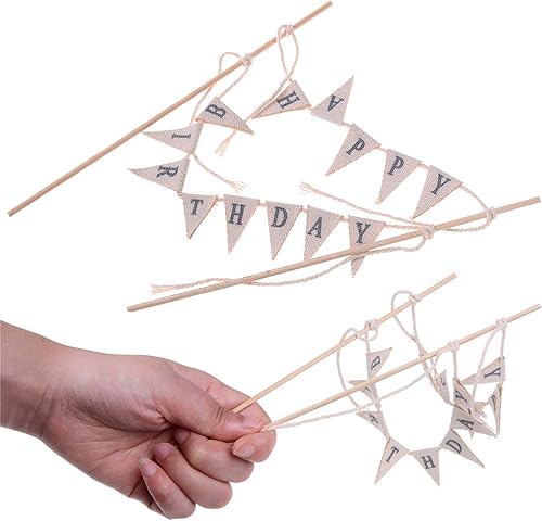 Miniatura 3 de LOCOLO Decoración de pastel de feliz cumpleaños, decoración de pastel de marfil con palos de madera, suministros de decoración de fiesta, decoración