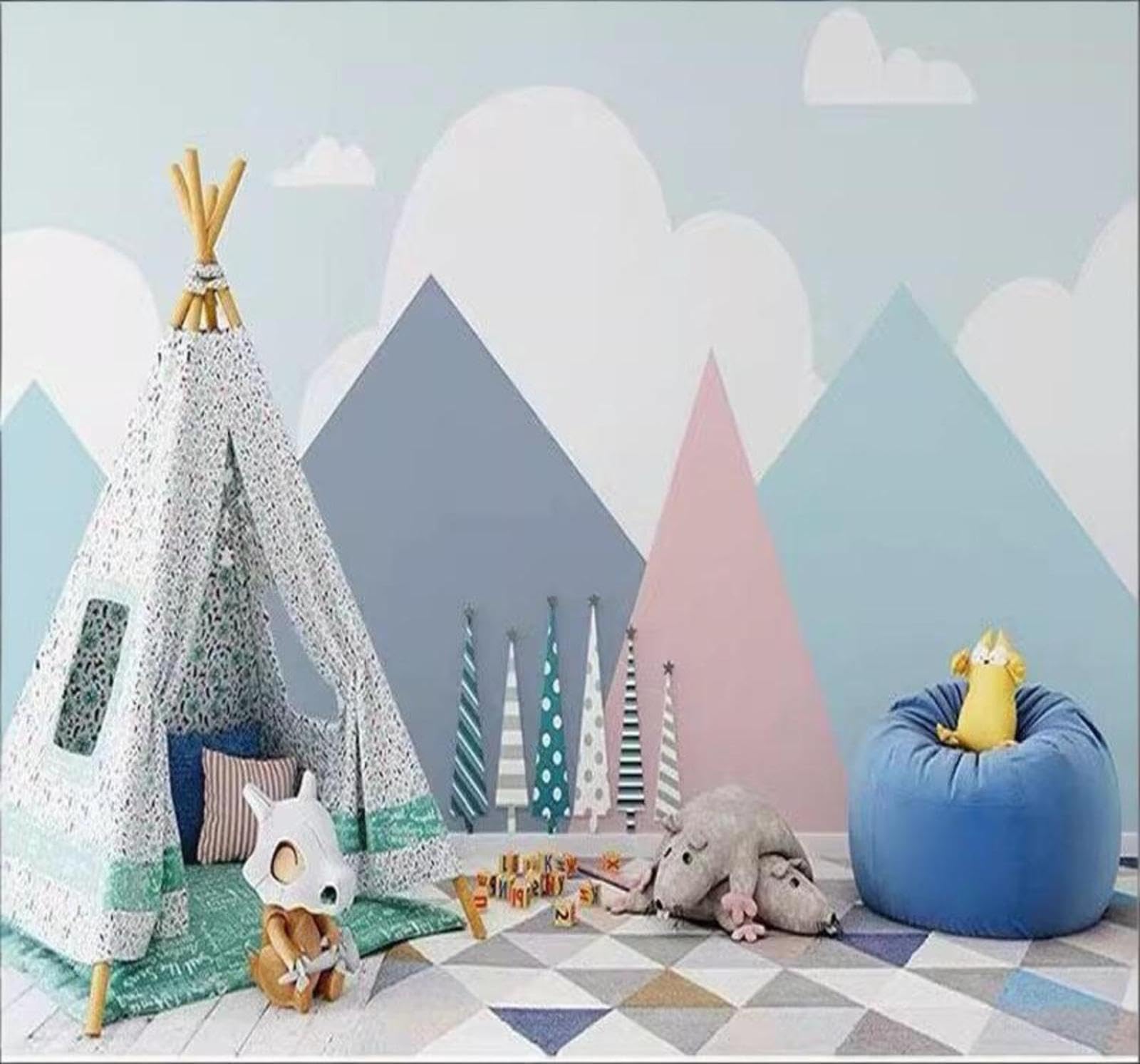 Minimalist Cartoon Geometric Mountains White Clouds 3D Wallpaper Easy Install Feature Office Living Room Sofa Bedroom TV Background Wall Decoration-300cm×210cm