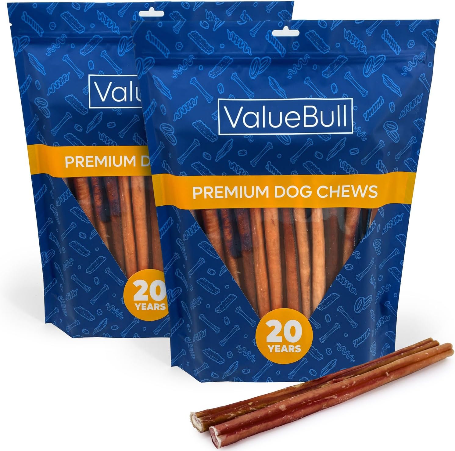 ValueBull Bully Sticks for Large Dogs, Thick 12 Inch, 50 Count - All Natural, Grass Fed, Single Ingredient, Long Lasting Dog Treats