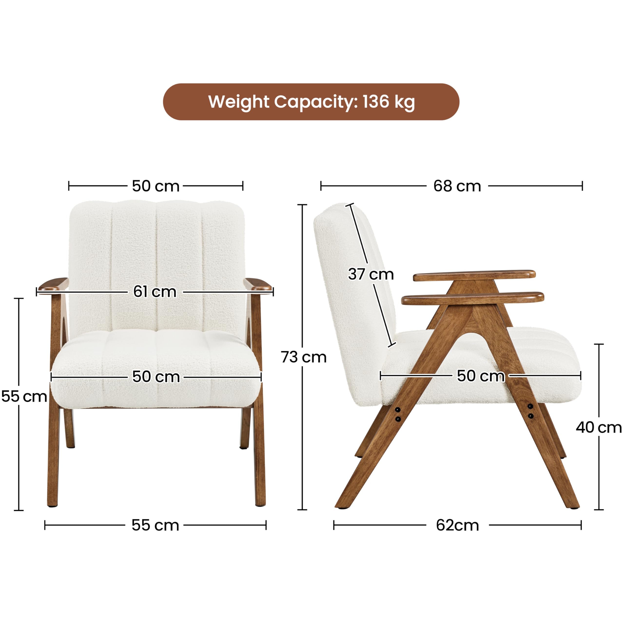 Yaheetech Poltrona Imbottita da Salotto Moderna Poltrocina in Tessuto Bouclé Sedia Gambe a V in Legno 60,5 × 68,5 × 73 cm per Angoli di Lettura Soggiorno Camere da Letto Bianco