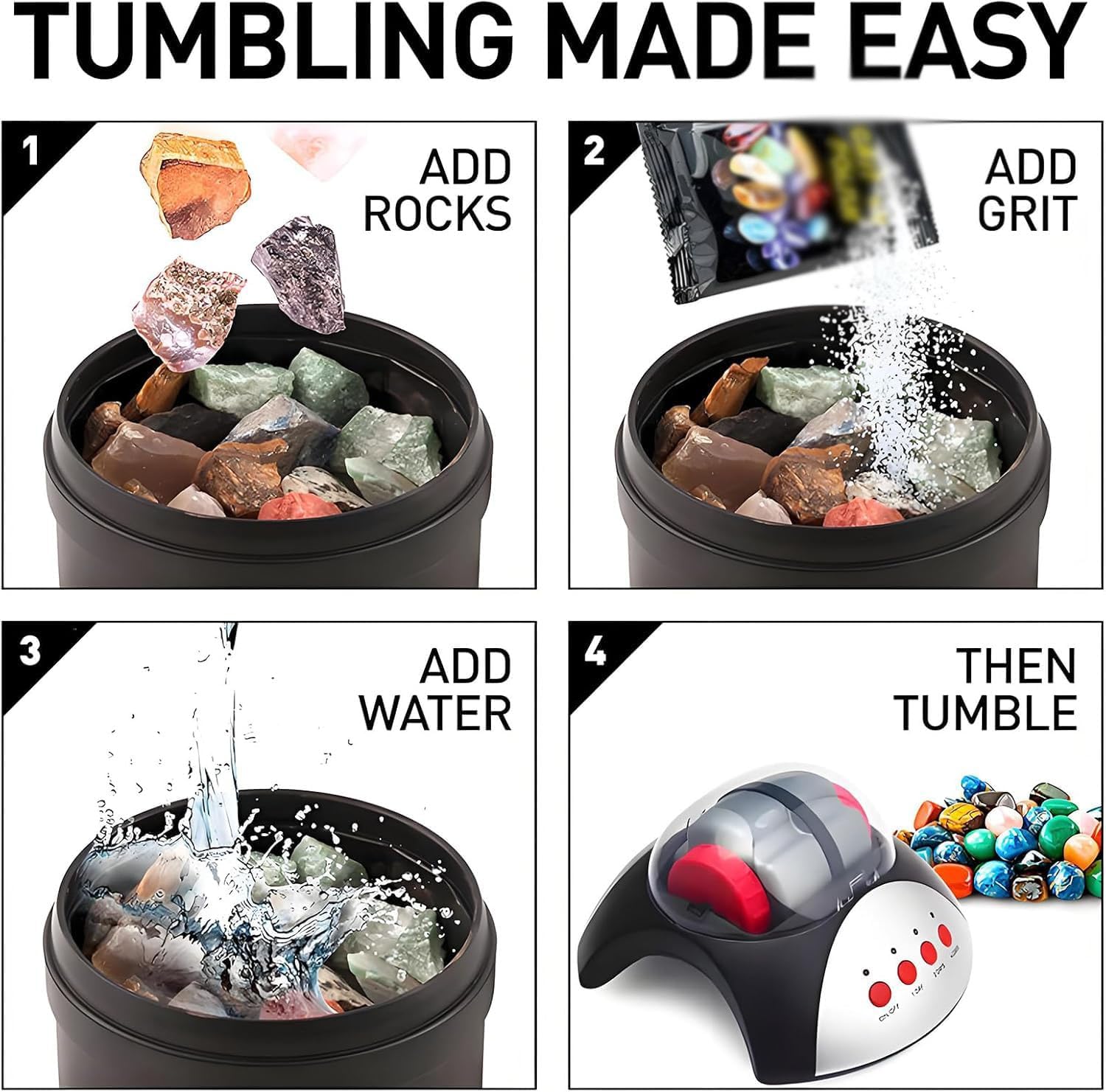 Electric Rock Tumbler Kit - Low Noise Stone Polisher with Automatic Shut-Off, Perfect for DIY Gem Polishing & Science Experiments