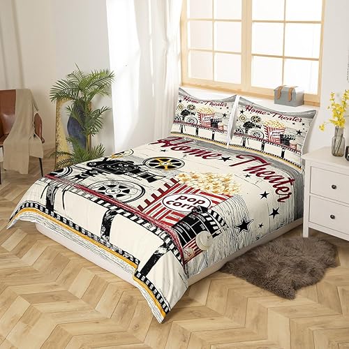 Miniatura 3 de Juego de ropa de cama estilo cine vintage tamaño matrimonial para niños y niñas, decoración de cine en casa, funda de edredón con temática de