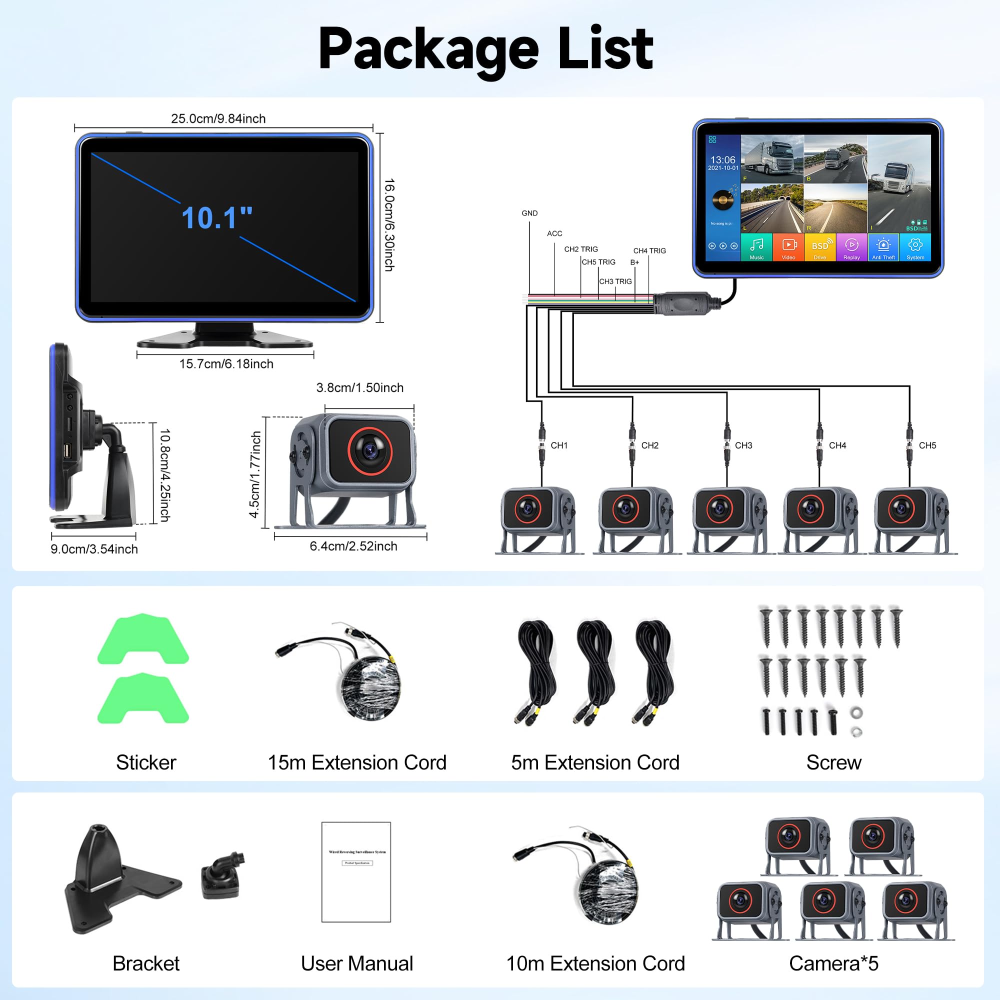 Cámara de Visión Trasera Kit con 5 Cámara con 10.1 Pulgadas IPS Monitor con Cable de 5M + 15M, IP68 Impermeable, Visión Nocturna, BSD, Vídeo en Bucle, DVR para Camión/Bus/Furgoneta/Caravana