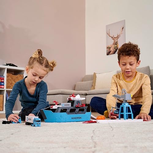 Miniatura 5 de Majorette - Creatix Toy Port with Container Ship - Maersk Logistics Port Station (45 x 29 x 24 cm) with Cargo Ship, Moving Crane and Man Truck with