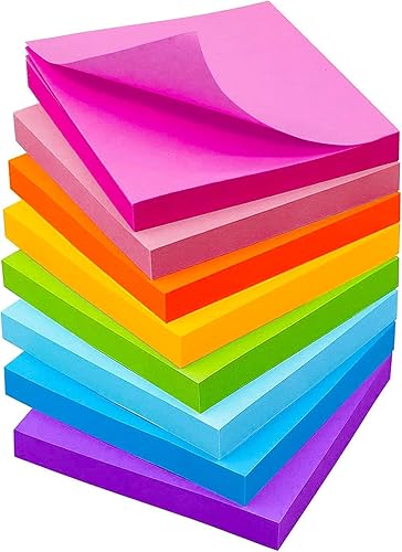 Notas adhesivas de 3 x 3 pulgadas (8 blocs), almohadillas súper autoadhesivas de colores brillantes, 100 hojas bloc de notas adhesivas, fáciles de