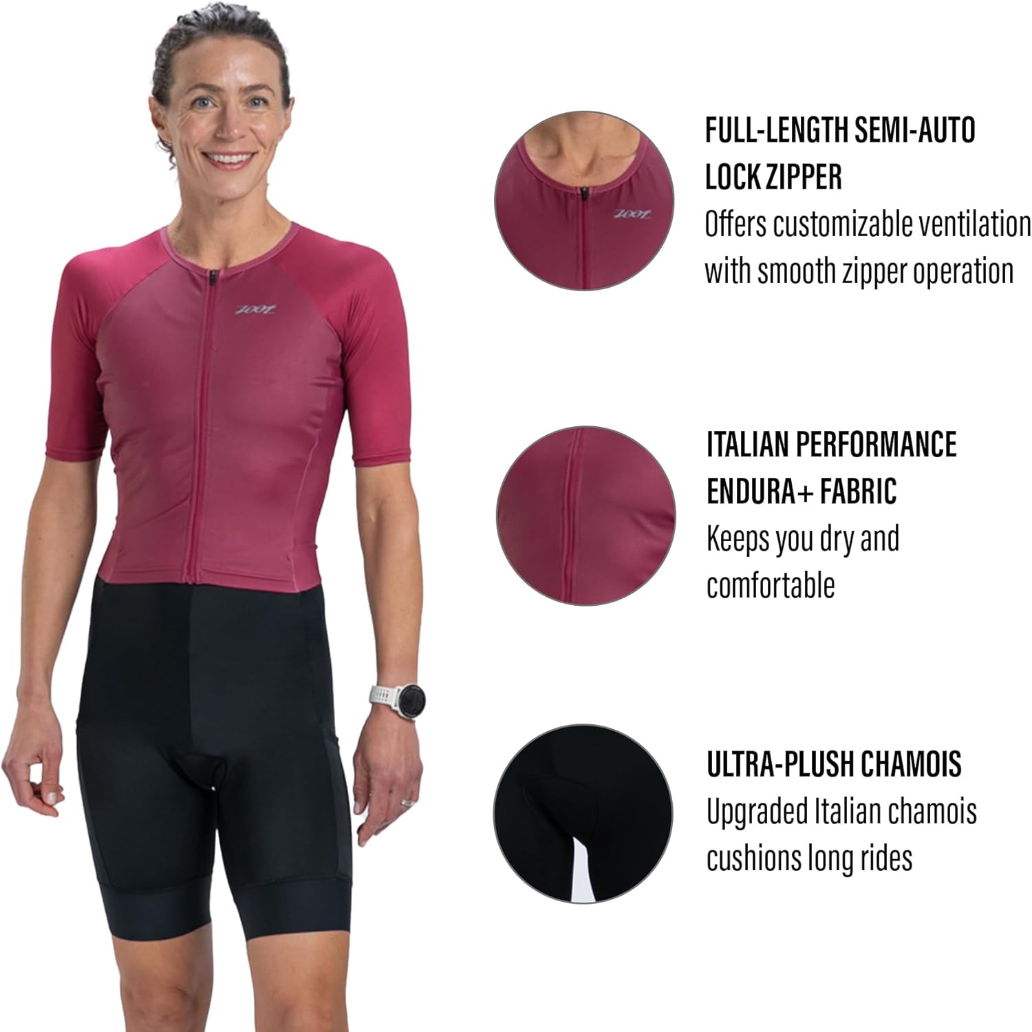 Zoot Women’s Core Tri Aero FZ Racesuit, Short Sleeve Moisture-Wicking Triathlon Suit, Plush Chamois & Race Day Storage - Image 2
