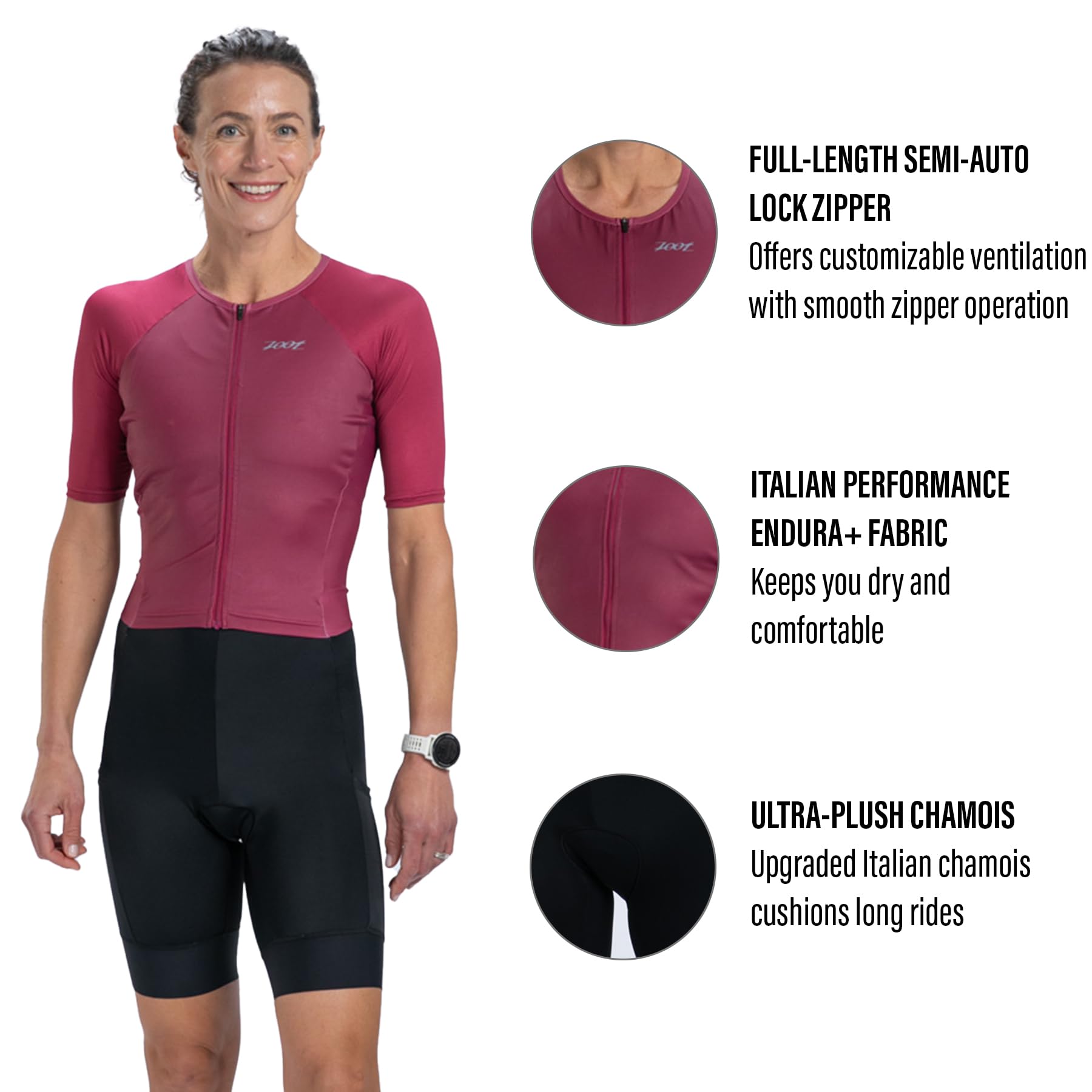 Zoot Damen Core Tri Aero FZ Racesuit kurzärmelig Triathlon-Anzug Plüsch-Chamois Race Day Storage