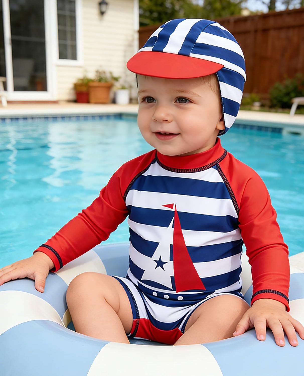 uideazone Baby Boys One Piece Swimsuit Long Sleeve UPF 50+ Rash Guard Bathing Suit Swimwear with Sun Hat 3-24 Months - Image 2