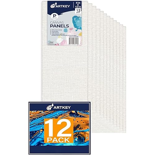 Artkey Canvas Panels 4x12 Inch 12-Pack, 10 oz Primed 100% Cotton White Blank Canvases for Painting, Flat Canvas Boards for Oil Acrylics Watercolor & Tempera Paints