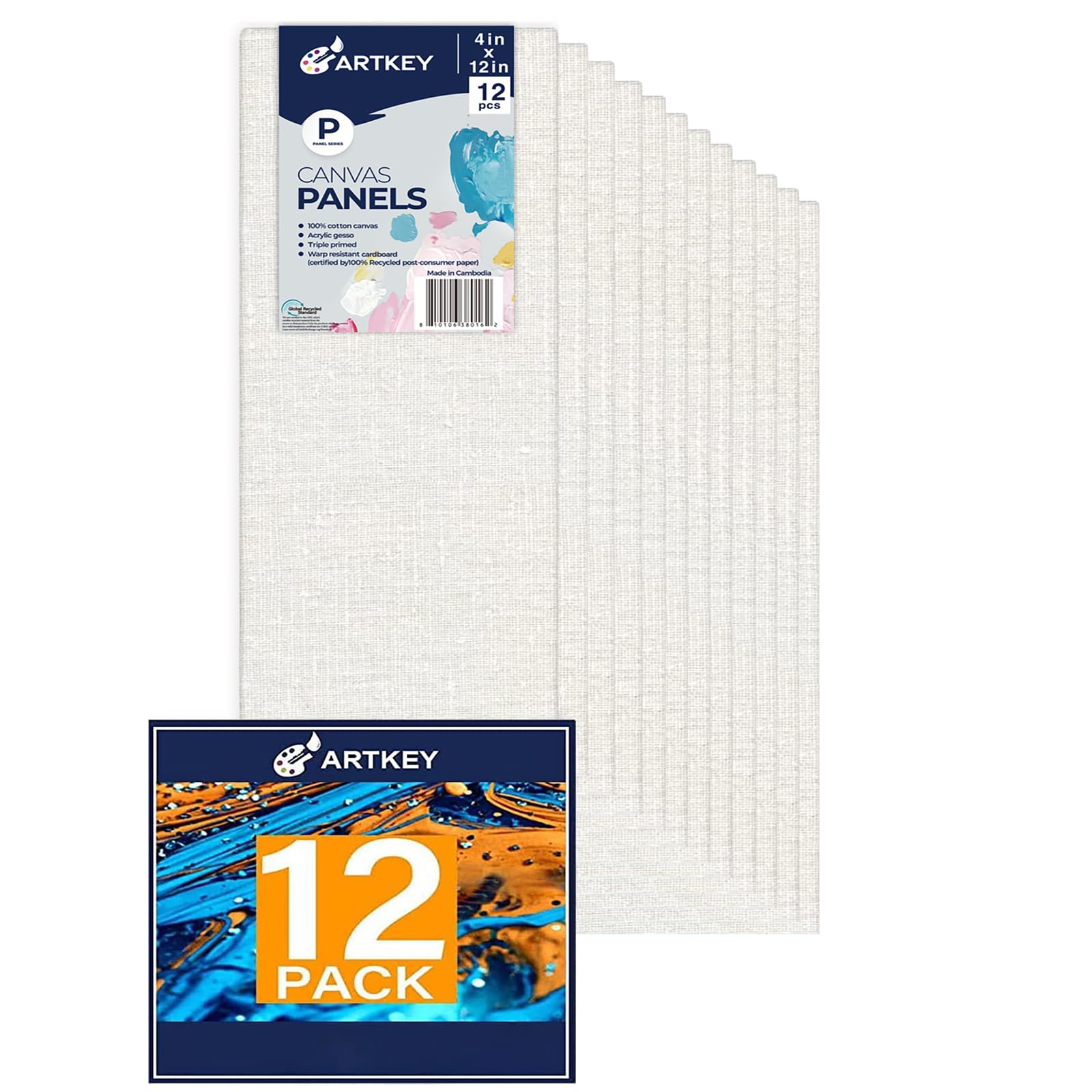 Canvas Panels 4x12 Inch 12-Pack, 10 oz Primed 100% Cotton White Blank Canvases for Painting, Long Flat Canvas Boards for Oil Acrylics Watercolor & Tempera Paints