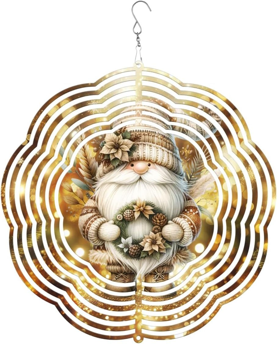 Christmas Gnome Merry Christmas Wind Spinners 3D Stainless Steel Laser Cut Metal Double Sided Printing-Hanging Indoor/Outdoor Decorations Yard Gardening Decor,Metal Kinetic Art 14x14 inches