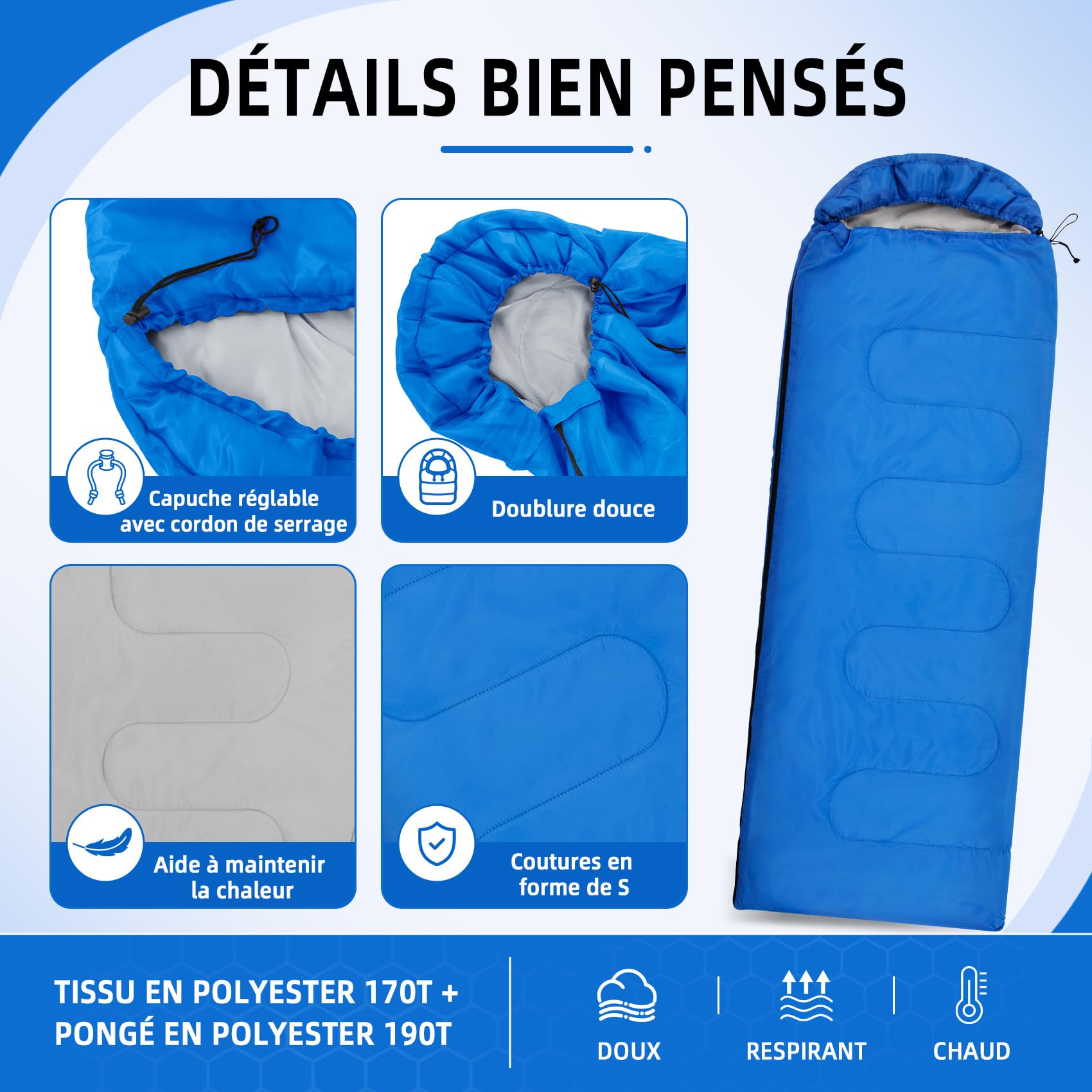 Sac de Couchage pour Adultes et Enfants, Léger, 3 Saisons | Portable, Déperlant, Robuste et Compact, avec Capuche et Fonction Couverture 2-en-1 pour Randonnée, Voyage et Sieste