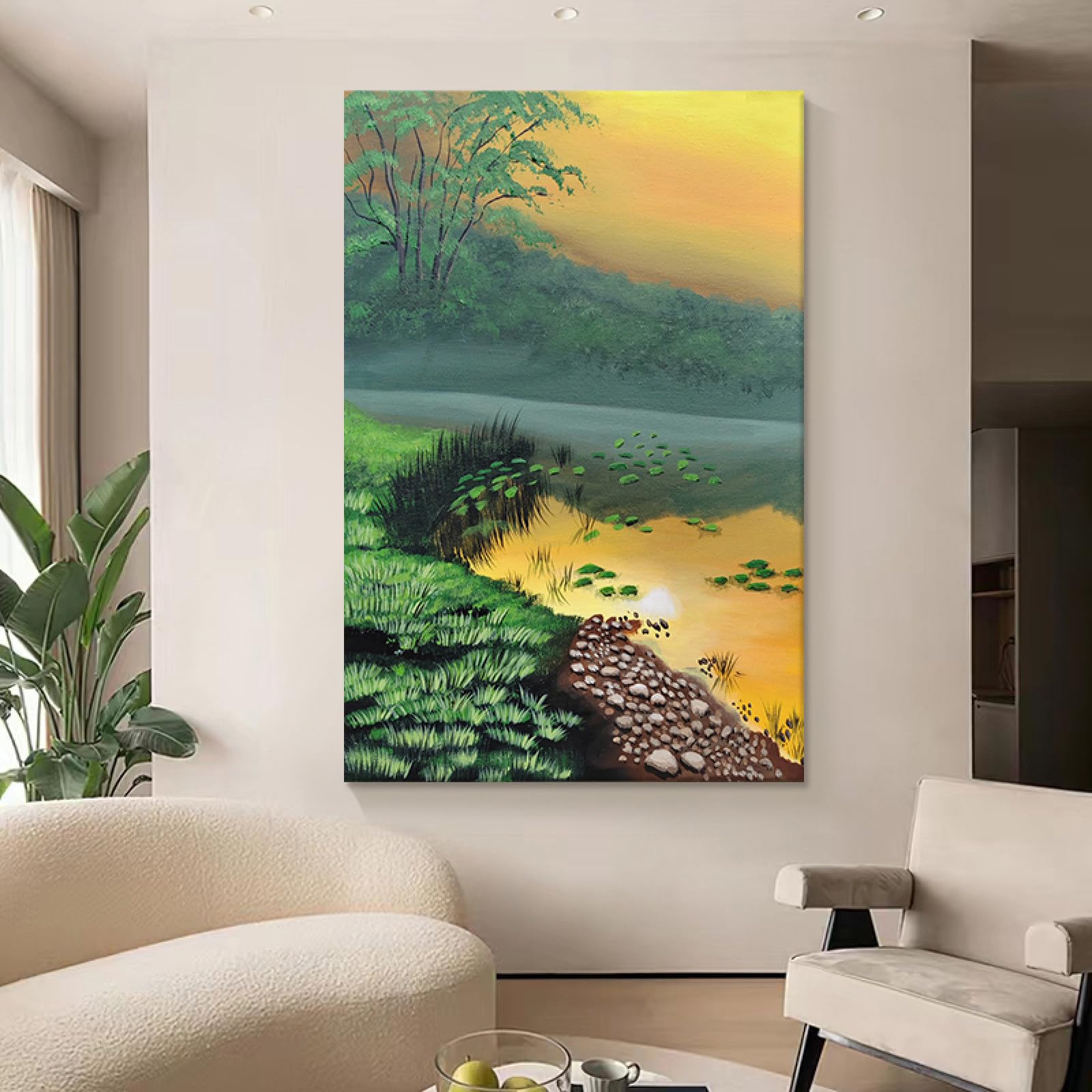 Peinture à l'huile pour habiller un mur de salon vide avec une toile paysage texturée