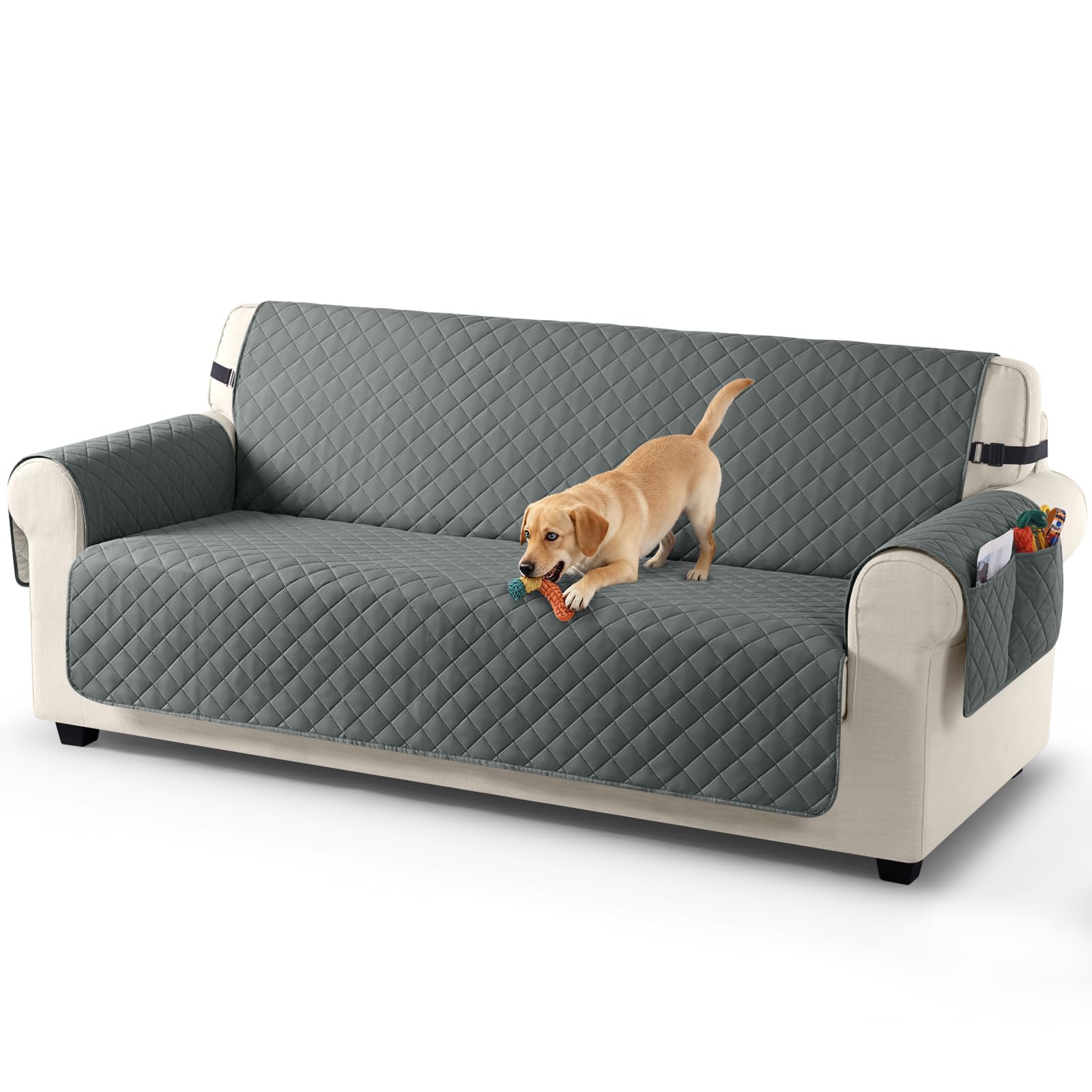 TAOCOCO Funda de sofá 3 plazas, Impermeable, con Banda elástica, para salón, Antideslizante, Acolchada, protección para Mascotas, Gatos, Perros, niños Jugando (Gris Oscuro)