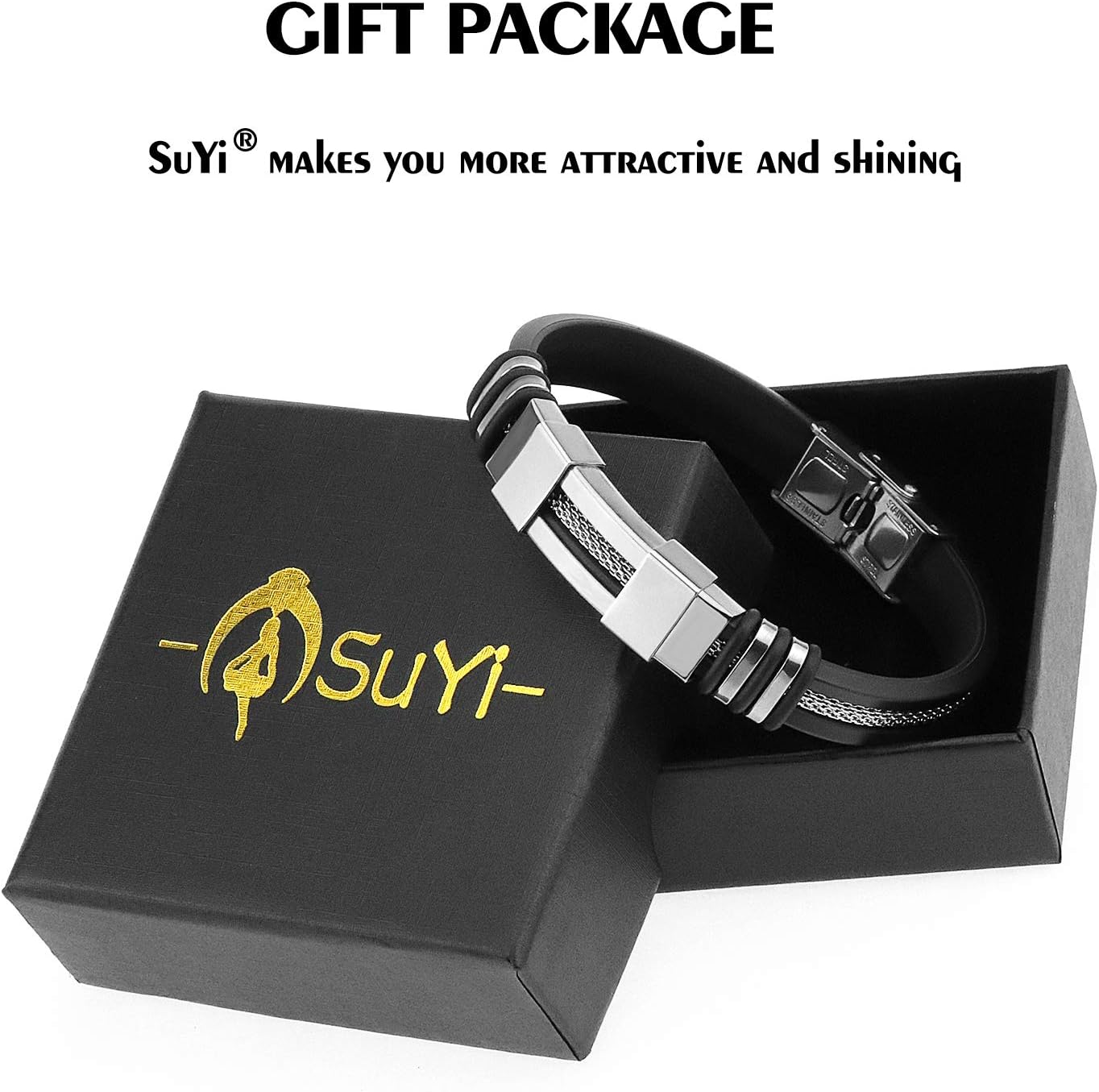 Suyi Men's Adjustable Bracelet Silicone Wrap Bracelet Stainless Steel Cuff Bracelet