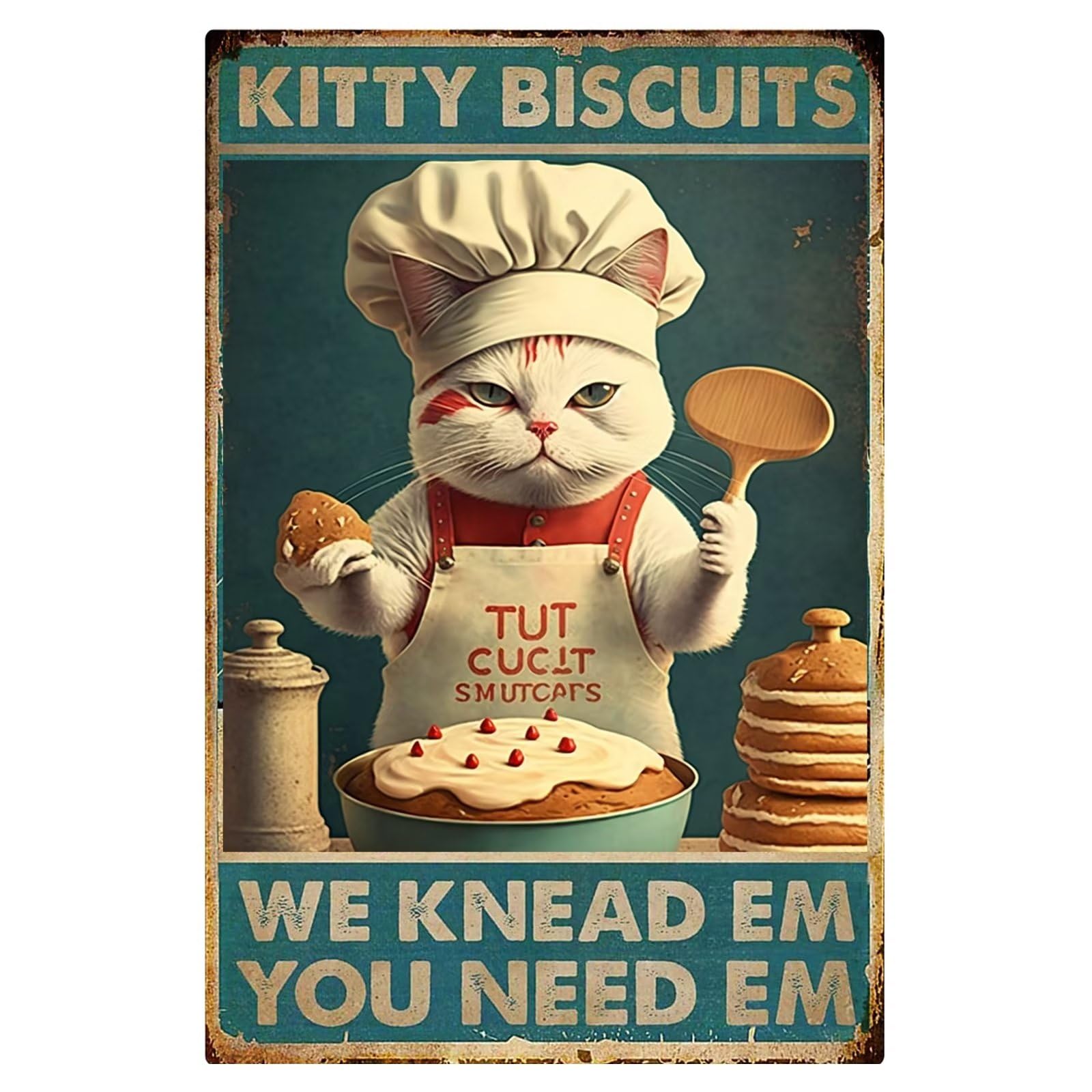 Cat Cake Metal Tin Sign Poster,Kitty Biscuits We Knead Em You Need Em Retro Art Kitchen And Restaurant Cabin Club Coffee Wall Art Decoration 12x8 Inch