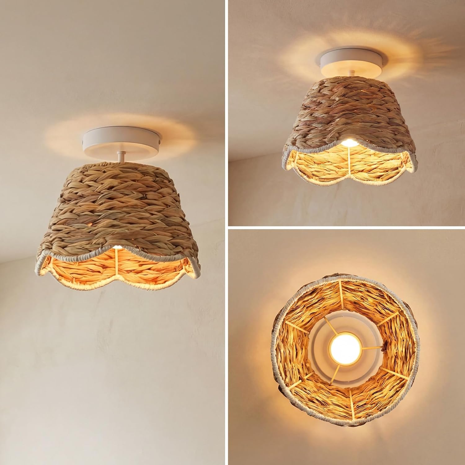 Handwoven Rattan Semi Flush Mount, Farmhouse Ceiling Light with White Metal Ceiling Mount, Natural Wicker Basket Ceiling Lamp for Bedroom, Kitchen, Boho Home Decor (9.5" D x 6.7" H)