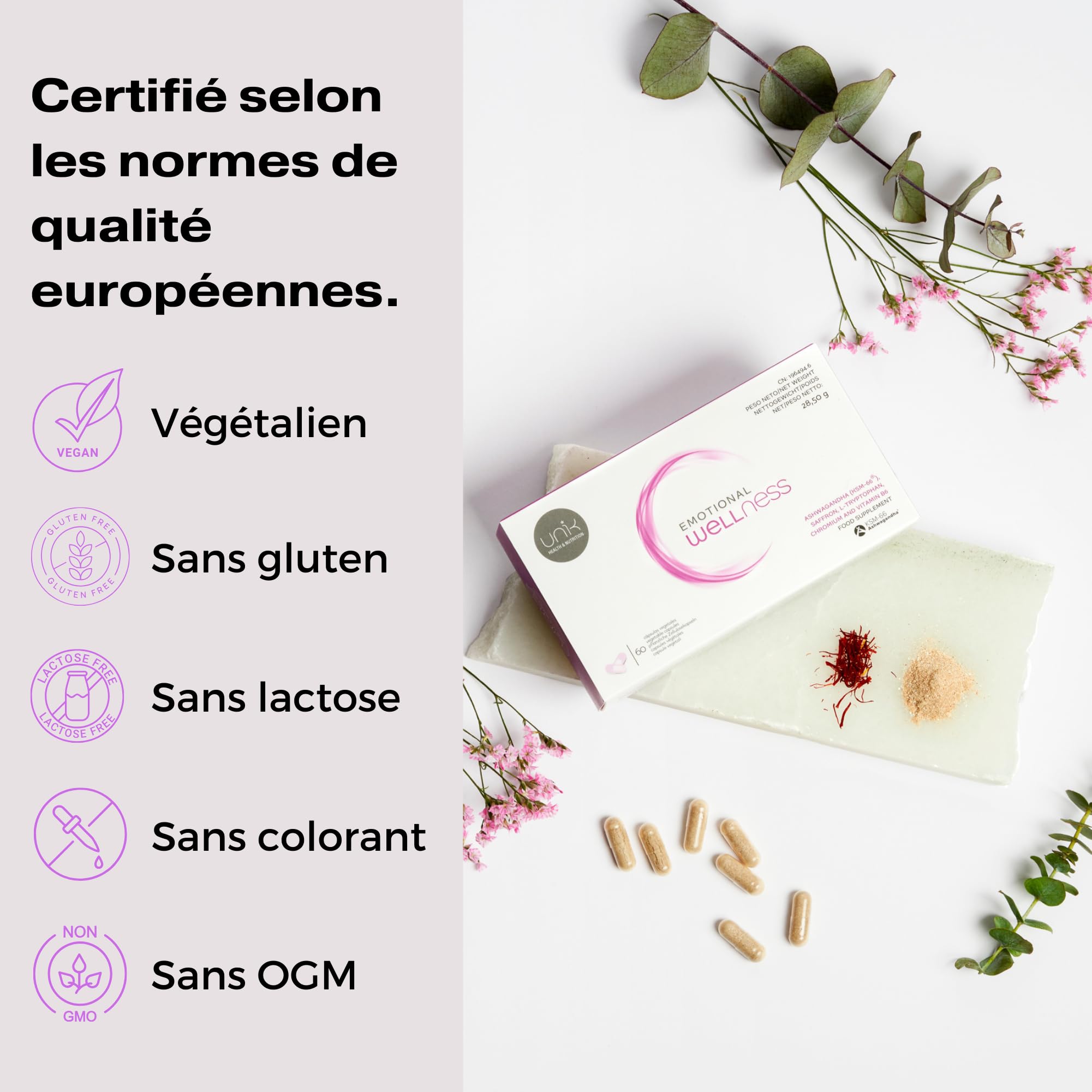 Bien-être émotionnel Unik | Anxiété, stress, supplément d'humeur | Ashwagandha KSM-66 + Safran + Tryptophane + Chrome Vitamine B6 | 60 Gélules | Lab Unik Health & Nutrition