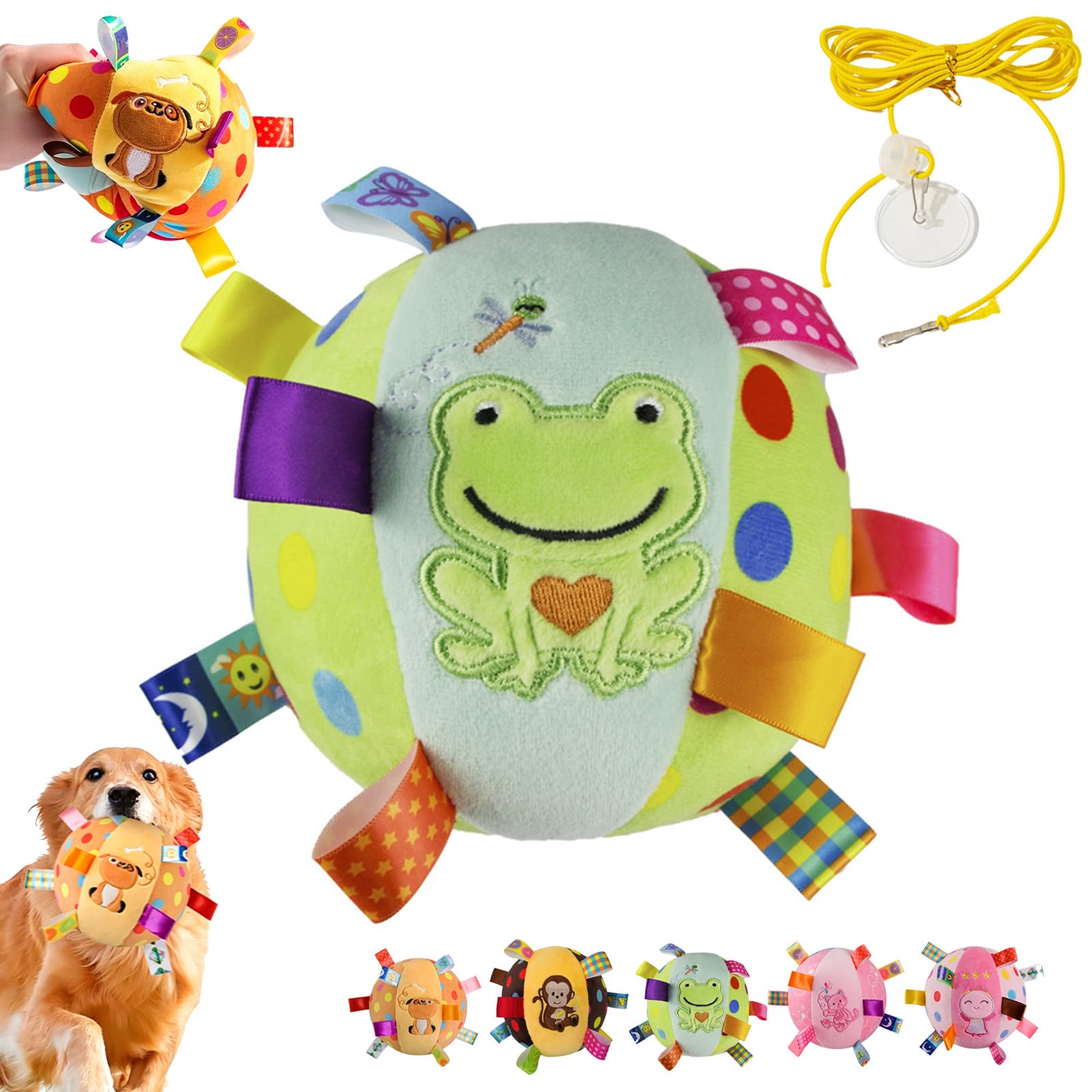 Colorful Squeaky Hanging Dog Training Toy, 6-Inch Squeaky Hanging Dog Toy, Soft Stuffed Ball with Cotton Material, Built-in Bell, Interactive Tug Chew Toys for Small Medium Dogs Indoor Play (C-1)