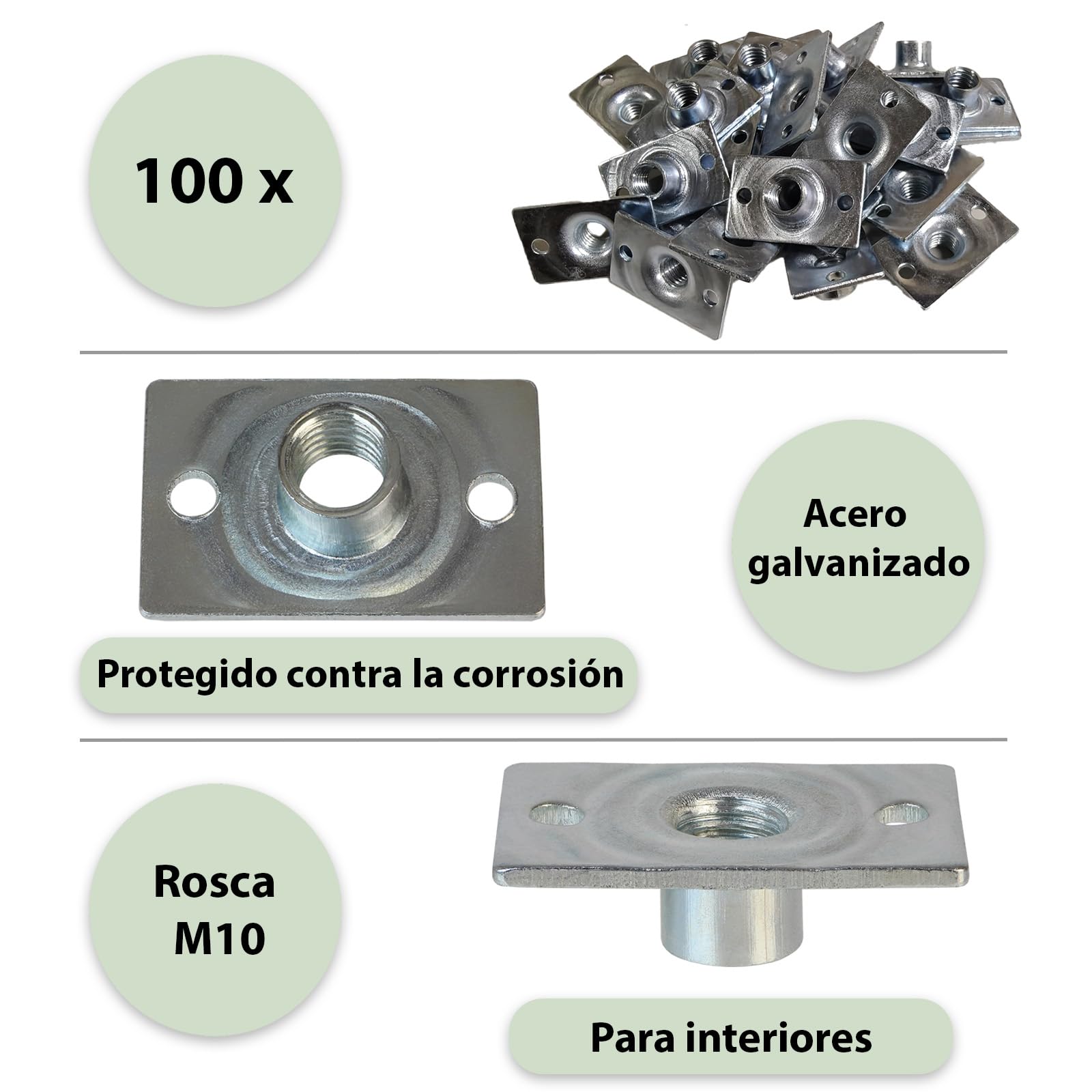 ALPIDEX 100 Tuercas en T M10 para Atornillar, Base Rectangular Galvanizadas DIN EN 12572-2 para Rocódromo, Presas y Muebles