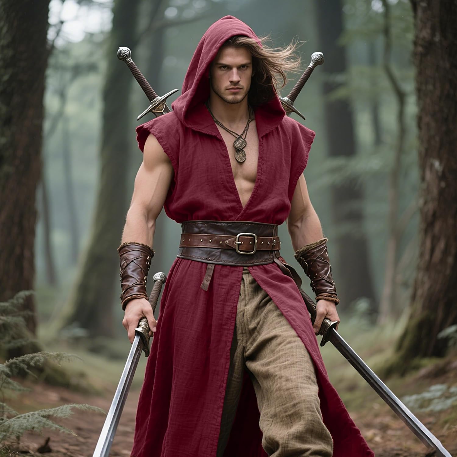 L'VOW Men's Medieval Hooded Surcoat Renaissance Tabard Sleeveless Tunic Cloak Viking Costume Holloween Assassin Cosplay - Image 3