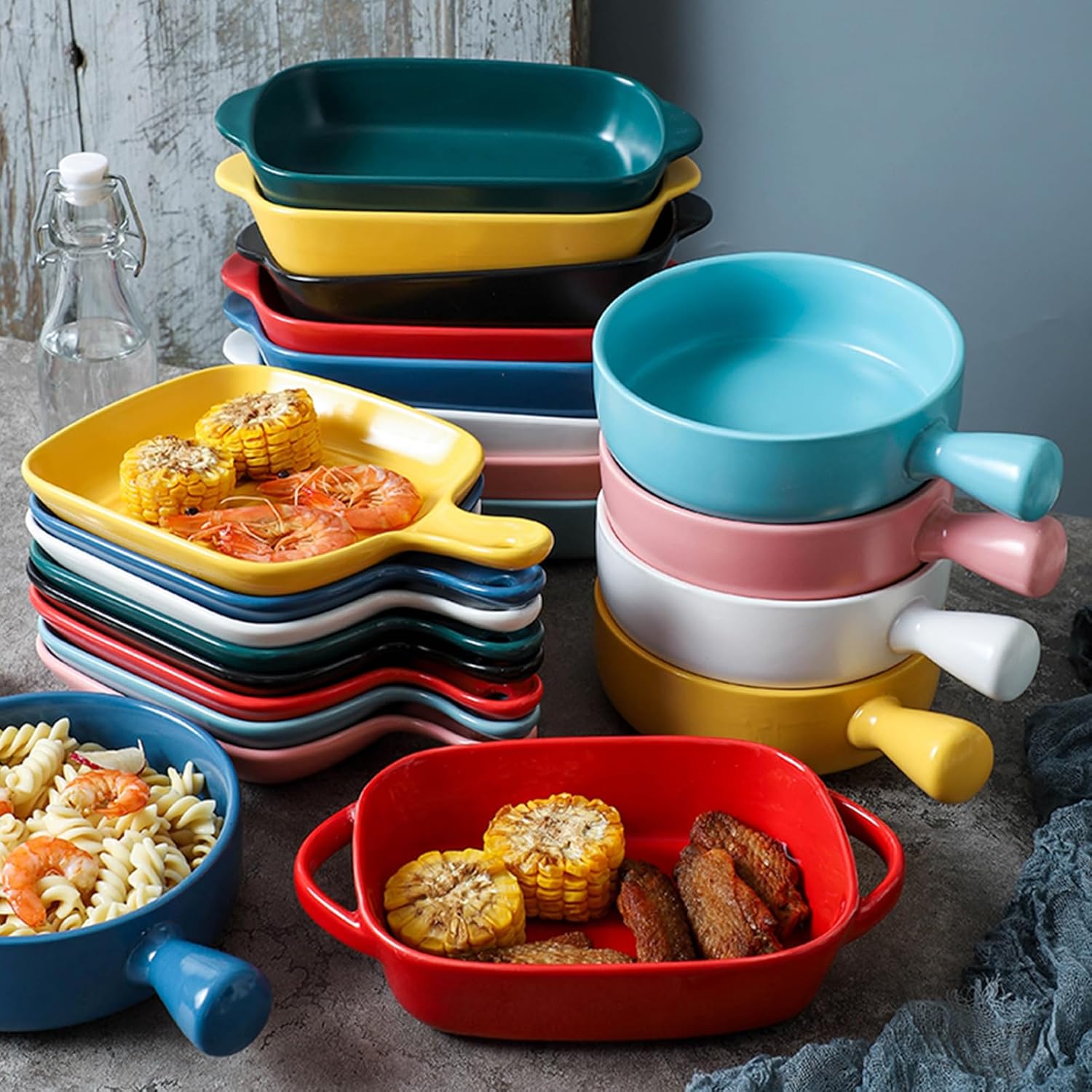 Dxcaicc Lasagne Dish Ceramics 2PCS Baking Dishesunique Round Handle Design with Double Color Combination Creative Beautiful Baking Tray,Green