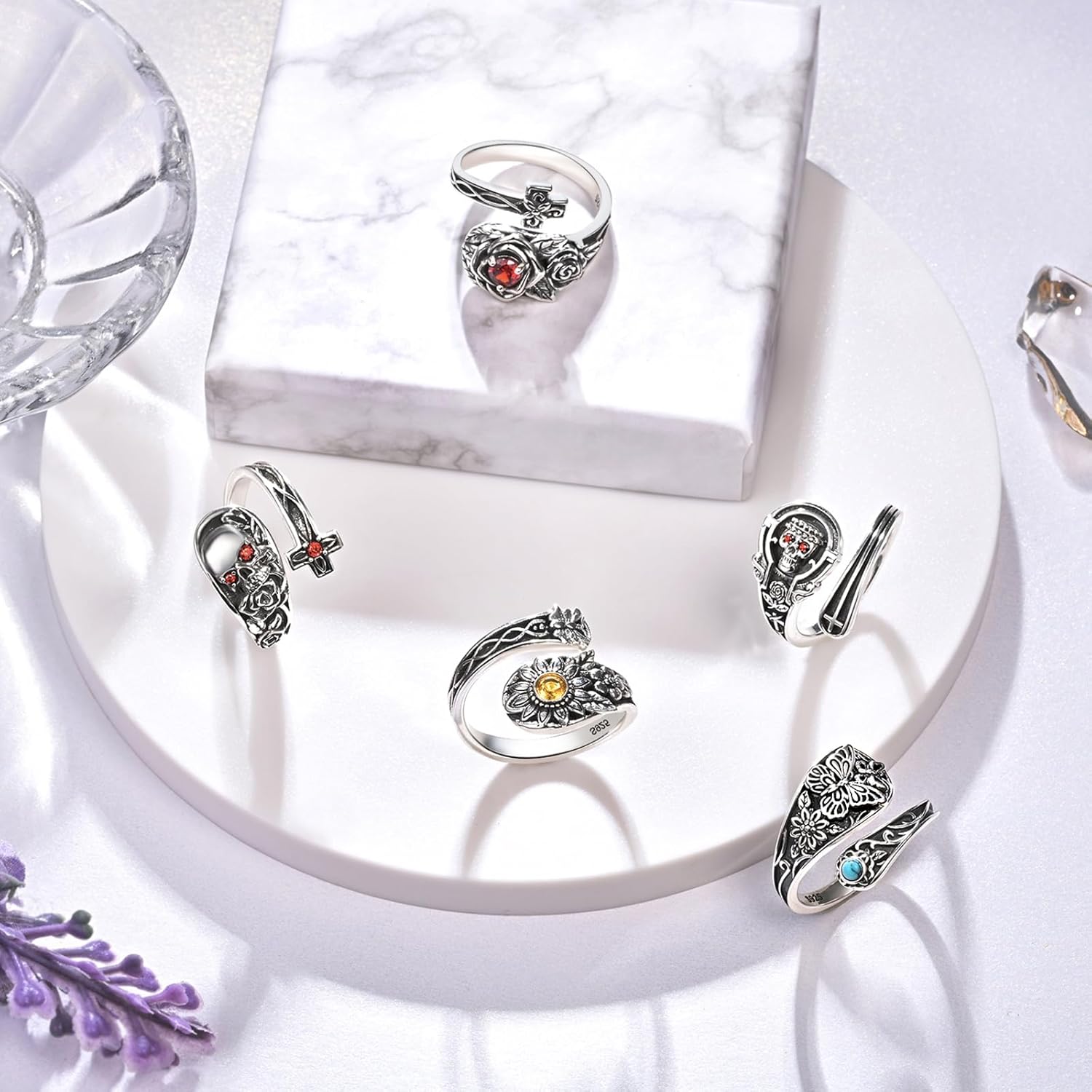Sunflower Spoon Ring 925 Sterling Silver Adjustable Thumb Ring for Women Bohemian Vintage Botanical Jewelry Gift for Birthday Festival