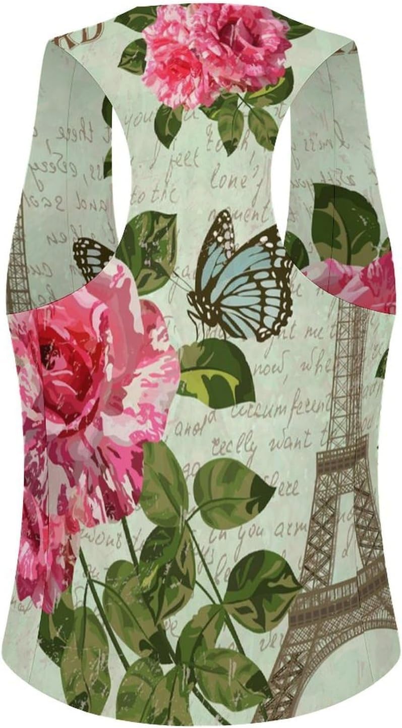 Vintage Paris Flower And Eiffel Tower Postcard Women's Suit Vest V Neck Button Down Waistcoat