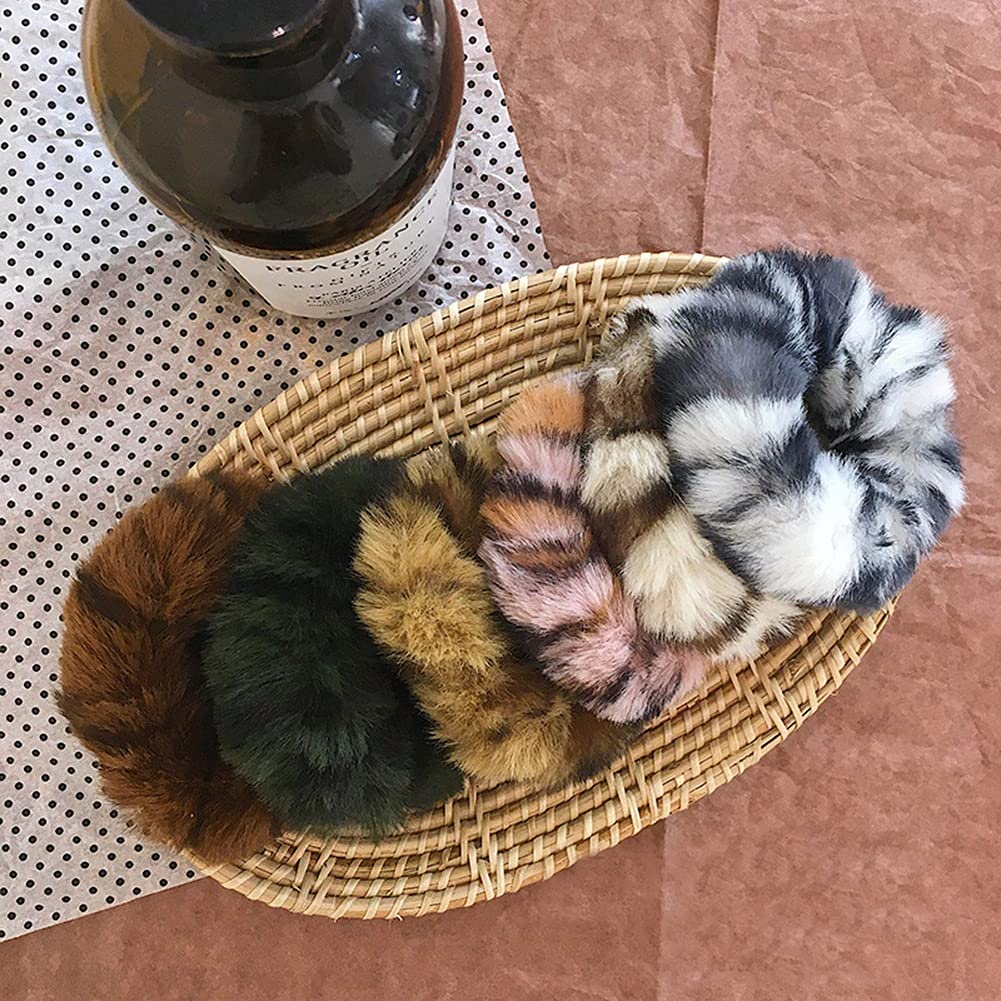 APSAMBR® -6PCS Print Fluffy Scrunchie Faux Fur Furry Elastic Hair Ring Rope Band Tie Round Girls Scrunchies