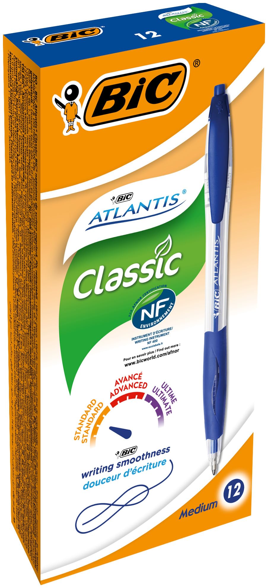 BIC Atlantis Soft Bolígrafos Retráctiles Punta Media (1,0 mm) - Azul, Caja de 12 Unidades