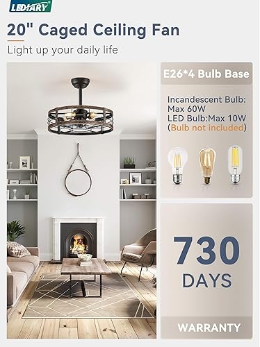 Miniatura 5 de LEDIARY Ventilador de techo enjaulado de 20 pulgadas con luz, ventilador de techo sin aspas con control remoto, pequeñas luces de ventilador de