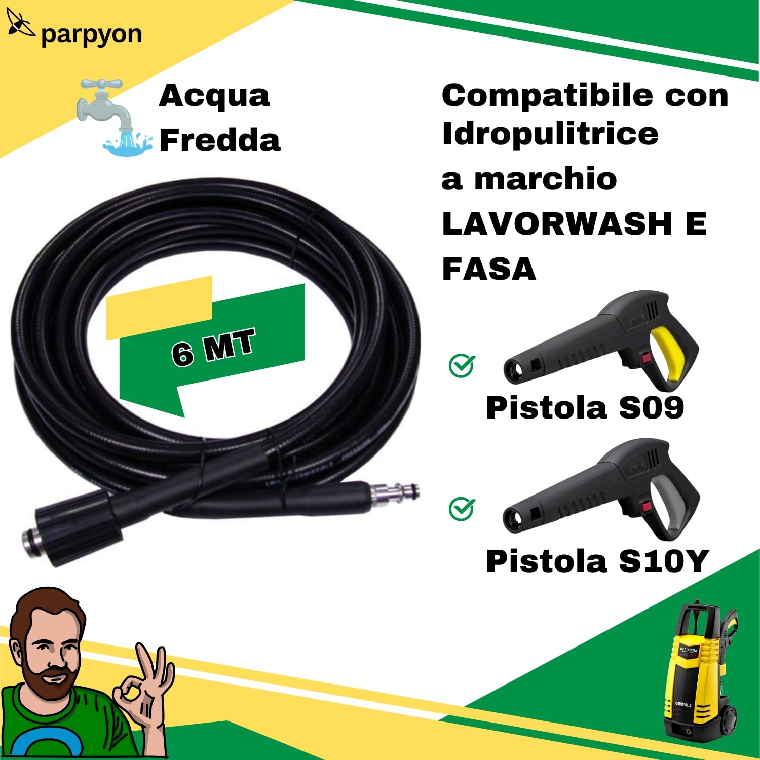 Parpyon Lavor Tubo ricambio per idropulitrice ad acqua fredda Lavorwash e fasa con attacco rapido – lunghezza 6 metri (6 metri)