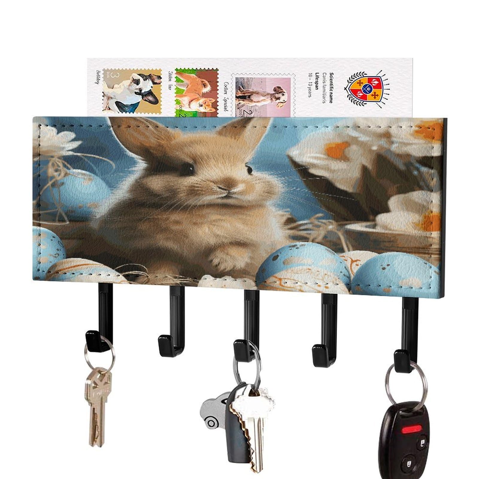 FekiLoot Cute Easter Eggs Rabbit Key Holder Wall Mount Key and Mail Holder Key Hanger with 5 Hooks Decorative PU Key Rack Hanging Key Hooks for Wall Living Room Kitchen Bathroom Hallway Black-Style
