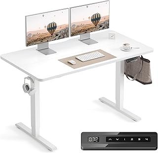 Standing Desk, Electrically Height Adjustable, 140 x 60 cm, Steel T-Legs with Stand Memory, Anti-Collision System, White FrameWhite Desktop