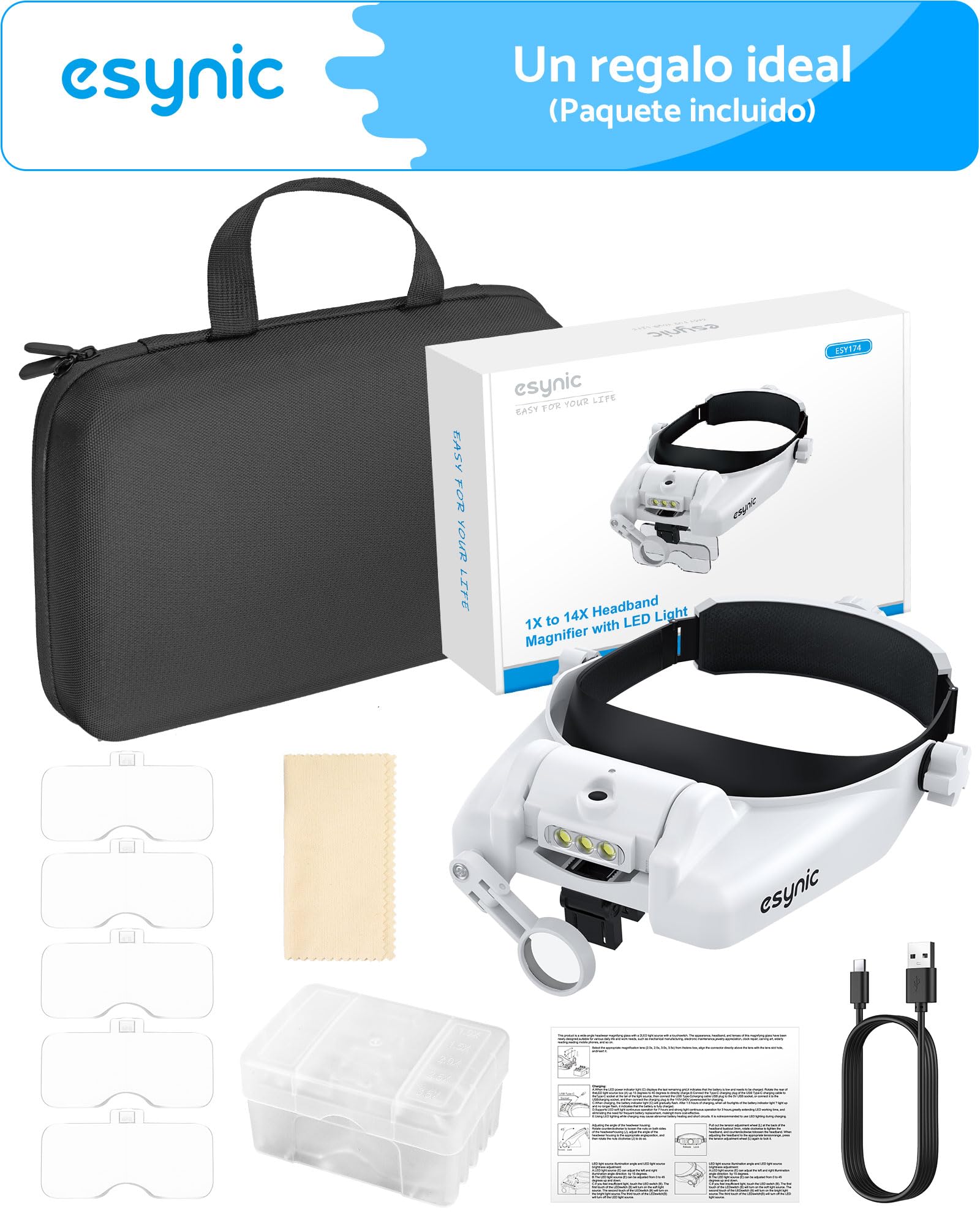 eSynic Gafas de Lupa Recargable con 3 LED, Lupa de Gran Aumento 1X a 14X con Ajuste de Brillo y 5 Lentes Desmontables (1.0X,1.5X,2.0X,2.5X,3.5X) para Manualidades,Leer,Coser,Reparación