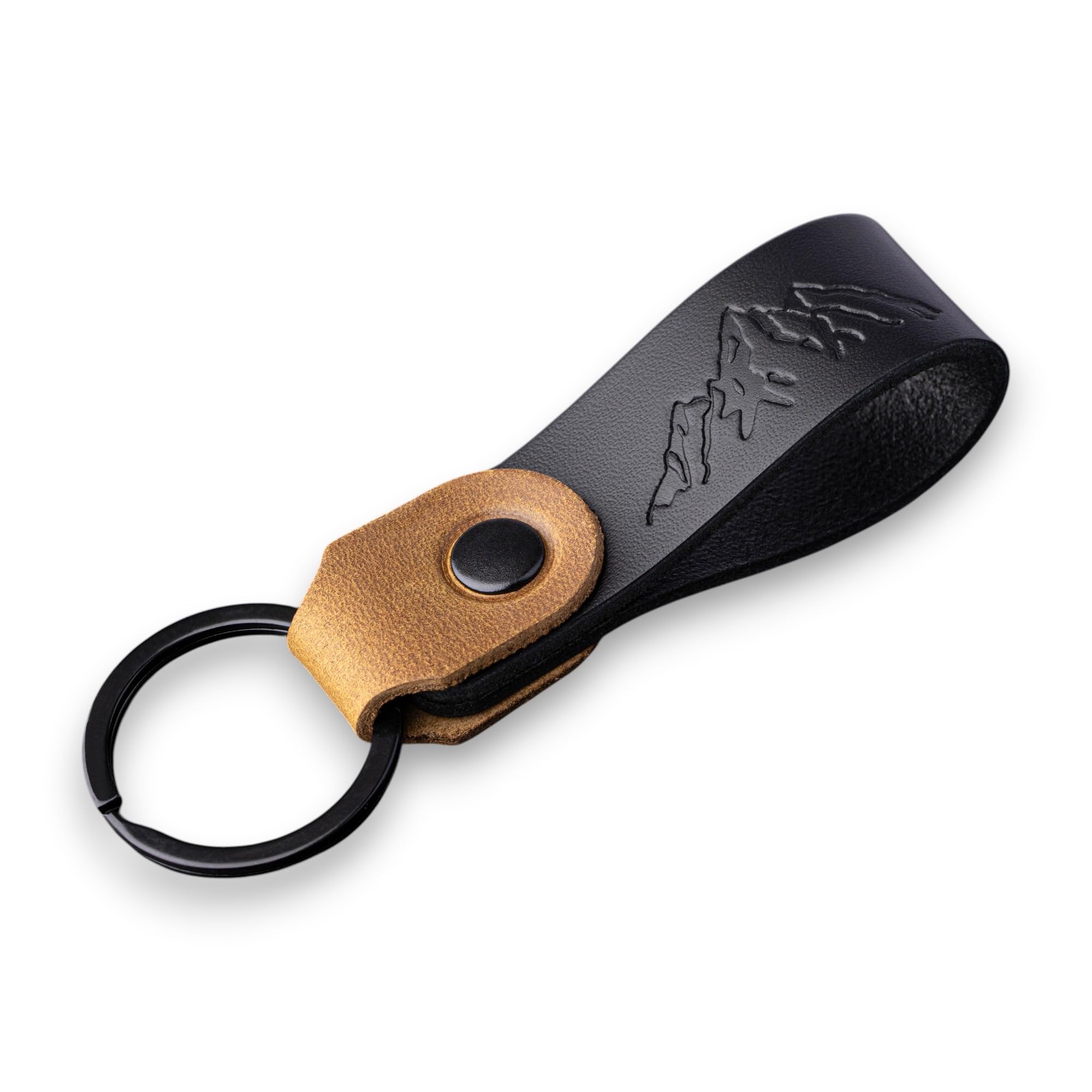 MAGOR Compact Leather Keyring for Men & Women – Personalised Black Full Grain Leather Keychain with Black Crazy Horse Accent, Car Keyring, Hot Embossed Design, Gift for Him Her Mum Dad (Mountains)