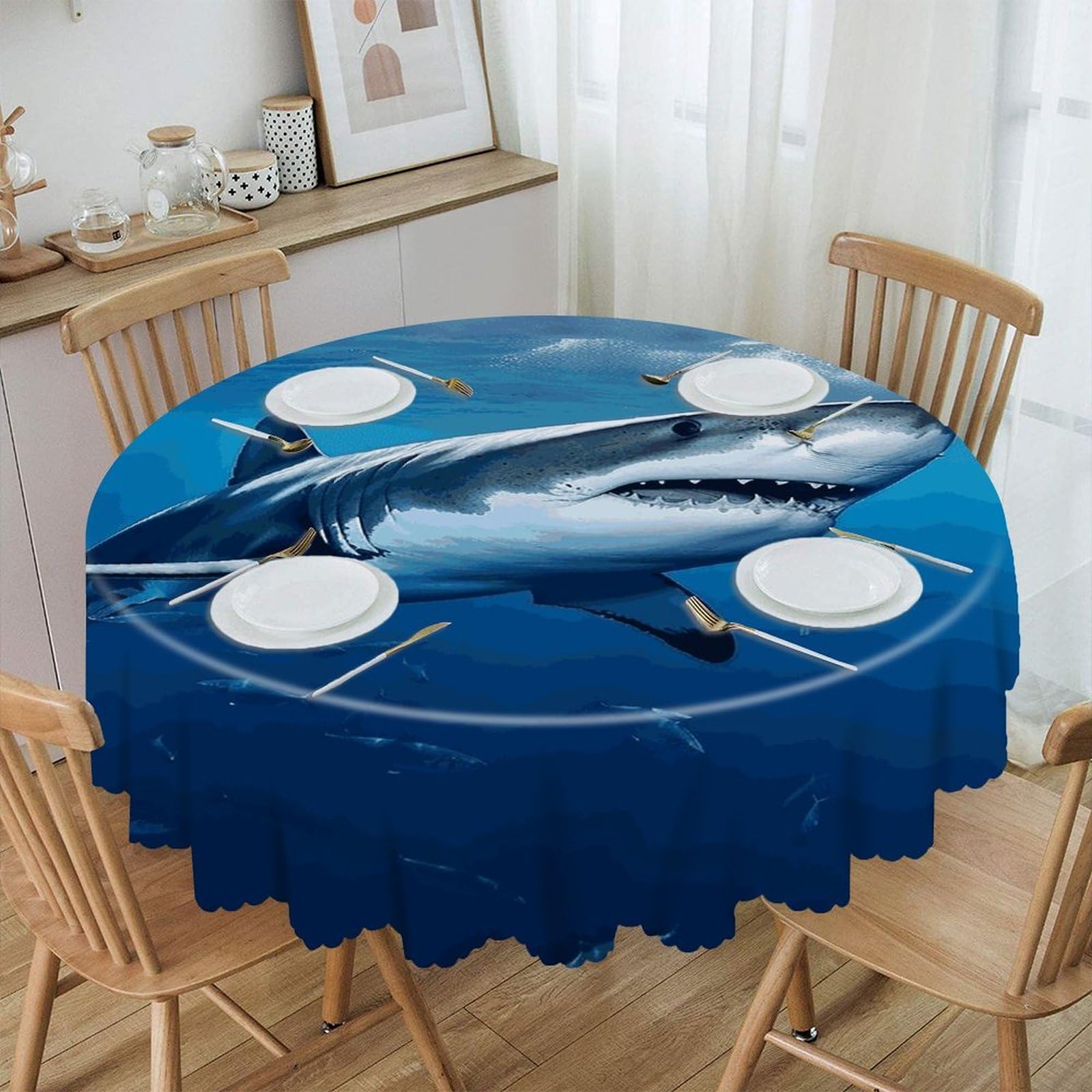 FekiLoot Ocean Sea Animal Shark Round Tablecloths 60 Inch Resistant Washable Polyester Table Cloth Style Decorative Circle Fabric Table Cover for Dining Kitchen Party Farmhouse Outdoor