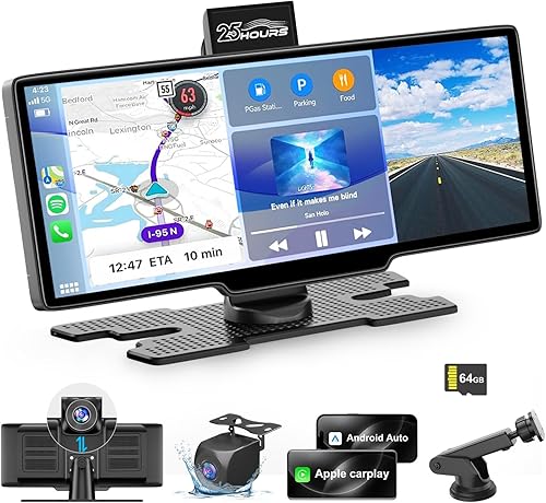 Pantalla Carplay de Apple para automóvil, 10.26 pulgadas CarPlay inalámbrico y pantalla Android Auto con cámara de tablero 4K, cámara de respaldo de