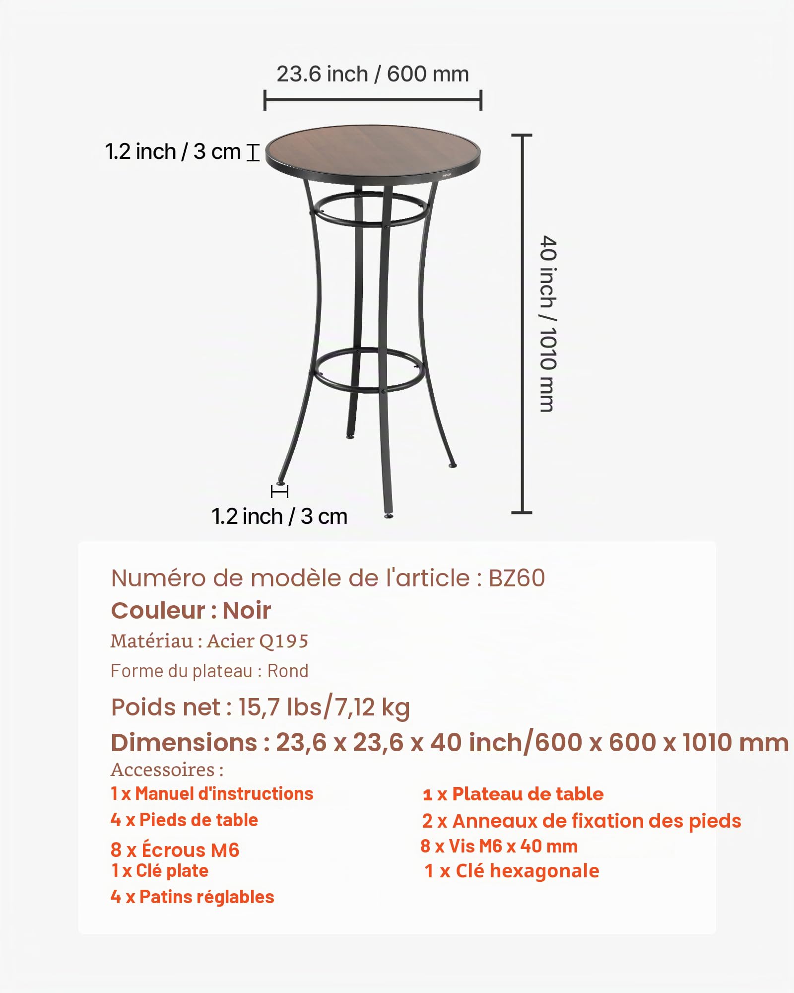 VEVOR Table de Bar Ronde, 60x101 cm, Table de Bistrot Haute Extérieur, avec Plateau, Structure Métal Robuste, Mobilier de Jardin pour Patio, Terrasse, Petits Espaces Intérieur, Cuisine, Salle à Manger