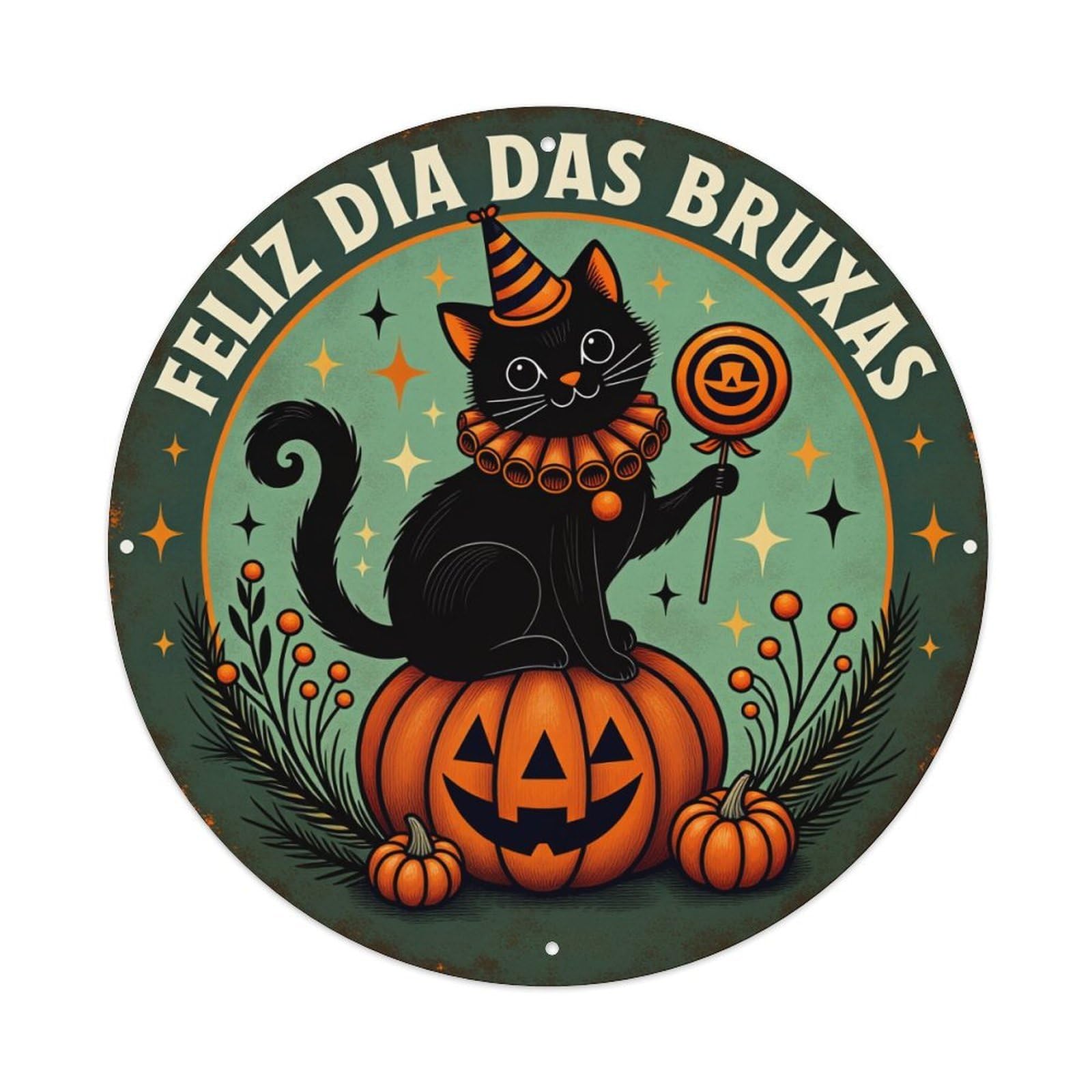Black Cat Pumpkin Witch Hat Star Round Tin Sign Vintage Style Metal Sign Home Bar Garden Wall Plaque Decor Metal Poster 8x8 Inch