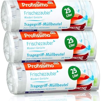 Frischezauber Carry Handle Bin Liners 25 Litres 75 Pieces   Pack of 3 3 x 25 Pieces Reduces Odours Tear-Resistant and Liquid-Proof