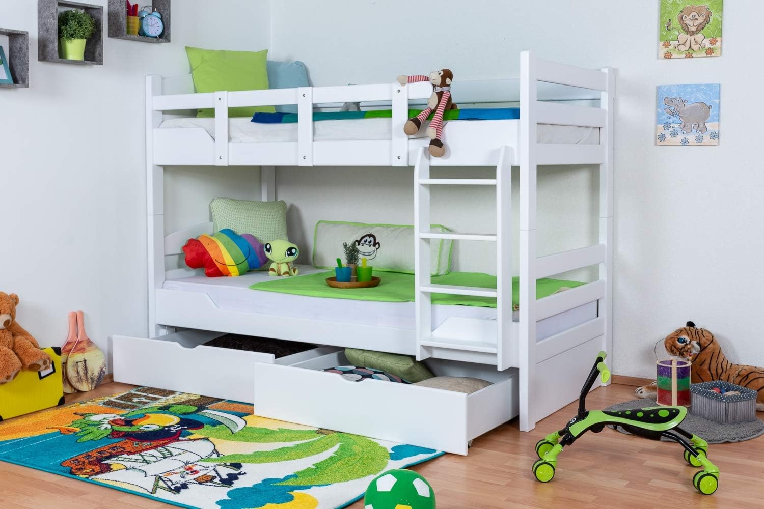 Bunk Bed "Easy Furniture" K3/n incl. 2 Drawer and Cover Plates, Solid Beech Wood, White - 90 x 200 cm