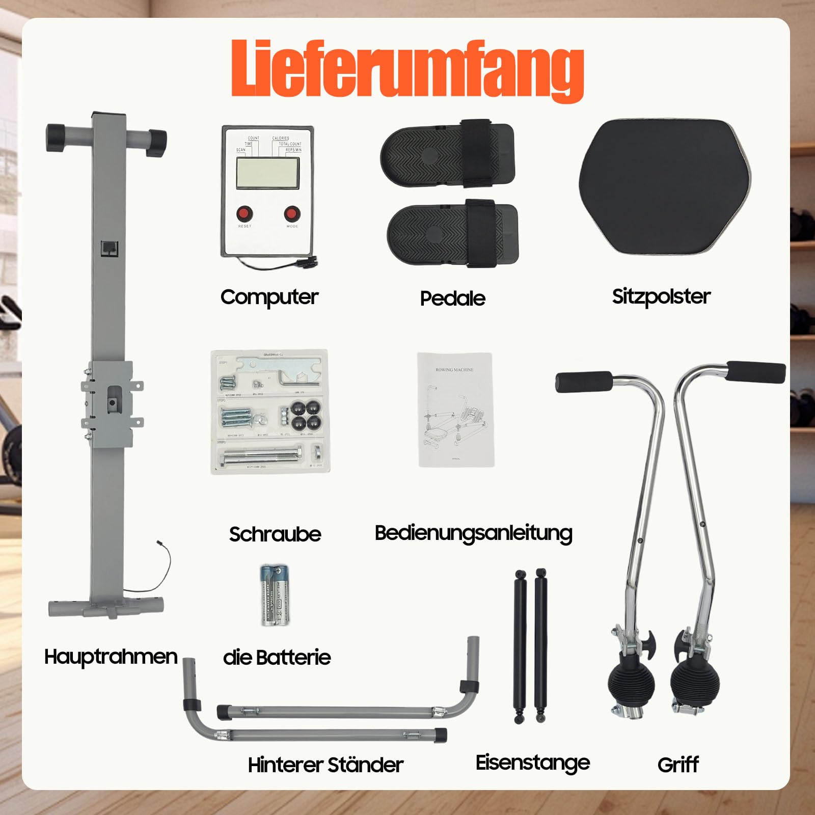 Rudergerät für Zuhause, Hydraulisches Fitness-Rudergerät mit Einstellbarer Widerstand und LCD-Display, Rudermaschine Trainingsgerät für das Ganzkörpertraining, 110×61×21 cm