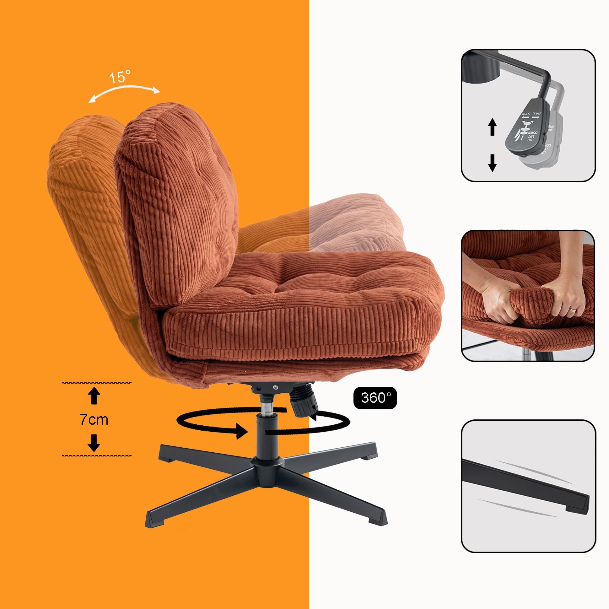 MEUBLE COSY Poltrona Girevole Sedia da Salotto Funzione di Inclinazione Libera Poltroncina Relax con Seduta Spessa Schienale in Velluto a Coste Rosso