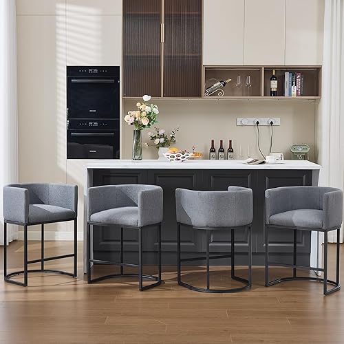 Vista 10 de Gold Taburetes de Bar Juego de 3, 25" H Taburetes de Bar de Altura de Mostrador Modernos con Respaldo, Taburete de Bar Tapizado en Tela de Lino