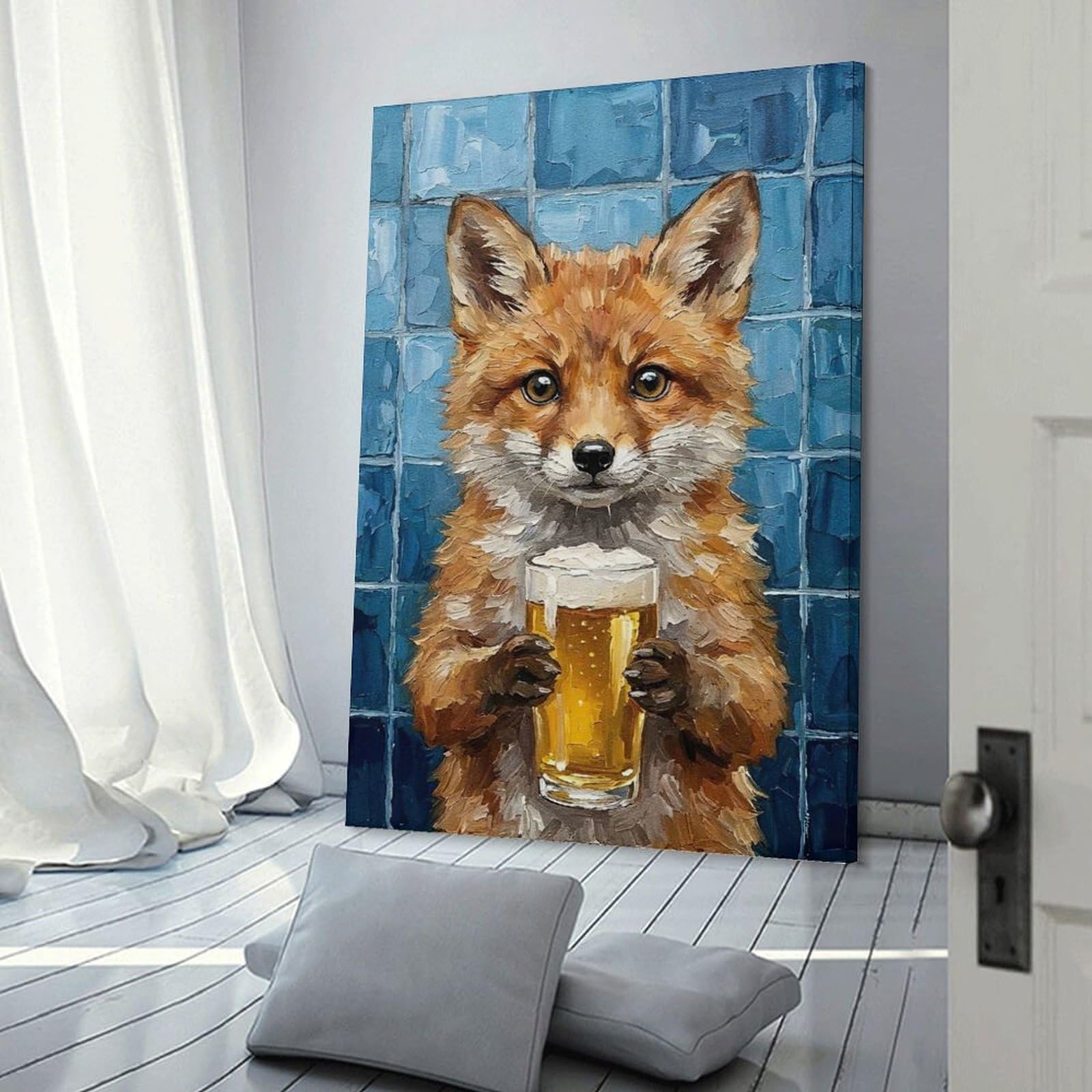 Junmoney Fox with Beer Painting Canvas Art Print 20x30inch(50x75cm), for Work Areas, Reading Rooms Or Studios, Canvas Wall Decor for Creative Rooms