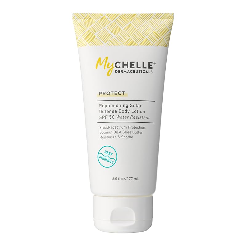 Loção corporal protetora solar MyCHELLE Dermaceuticals SPF 50 com óleo de coco e manteiga de karité, 177 mL