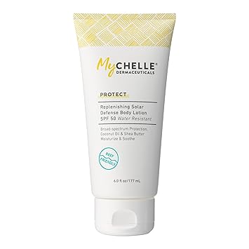MyCHELLE Dermaceuticals Replenishing Solar Defense Body Lotion SPF 50 (6 Fl Oz) - Moisturizing Reef Safe Sunscreen with Coconut Oil and Shea Butter - Water Resistant for 80 Minutes