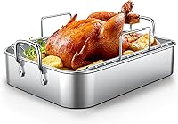 EWFEN 17x13" Stainless Steel Roasting Pan with V-Rack & Flat Rack - Heavy Duty Turkey Roaster for Thanksgiving Chicken Lasagna